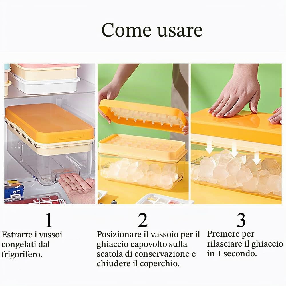 1 Secondo Demould - Vassoio per cubetto di ghiaccio con coperchio e cestino, le stampi per ghiaccio a 2 livelli producono 64 cubi di ghiaccio, Compreso lo scoop (Blu)