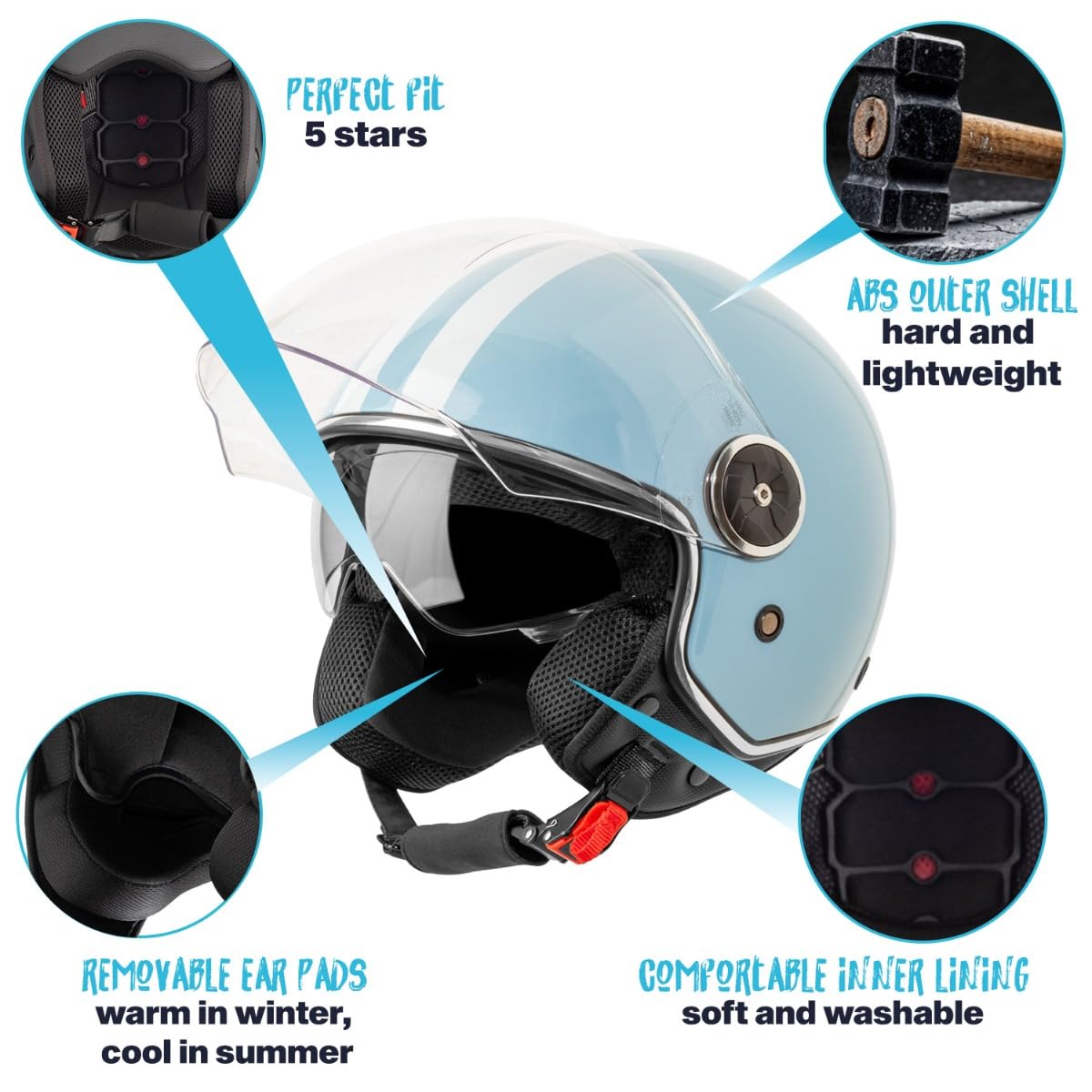 VINZ Arenas Casco Jet Doppia Visiera VIntage | Casco Scooter / Moto con Striscia | Donna E Uomo | Certificato ECE 22.06 | nelle taglie dalla XS-XXL