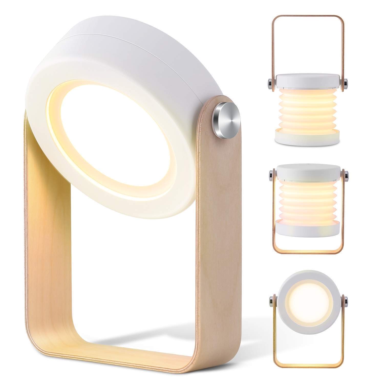 Foldable Telescopic Lantern Lamp, Wooden Handle Led Night Light, Eye Caring Reading Table Lamp, 3-Levels Dimmable Brightness, USB Charging, Outdoor Indoor Bedroom Kitchen Office,White