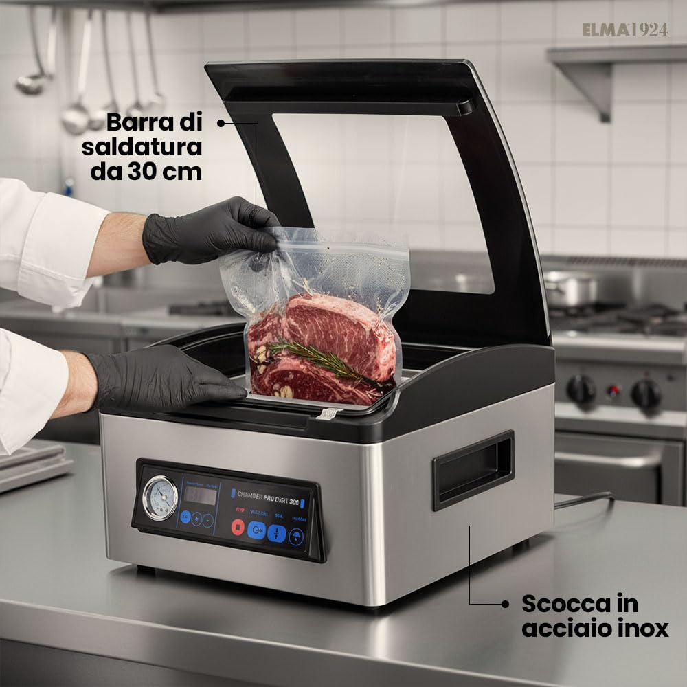 ELMA Confezionatrice Sottovuoto Professionale Chamber Pro Digit 300 | Uso Intensivo, Barra Saldante da 30cm, Consente Confezionamento con Liquidi, 43x36x23,5 cm, 350 W, Sacchetti Sottovuoto Inclusi