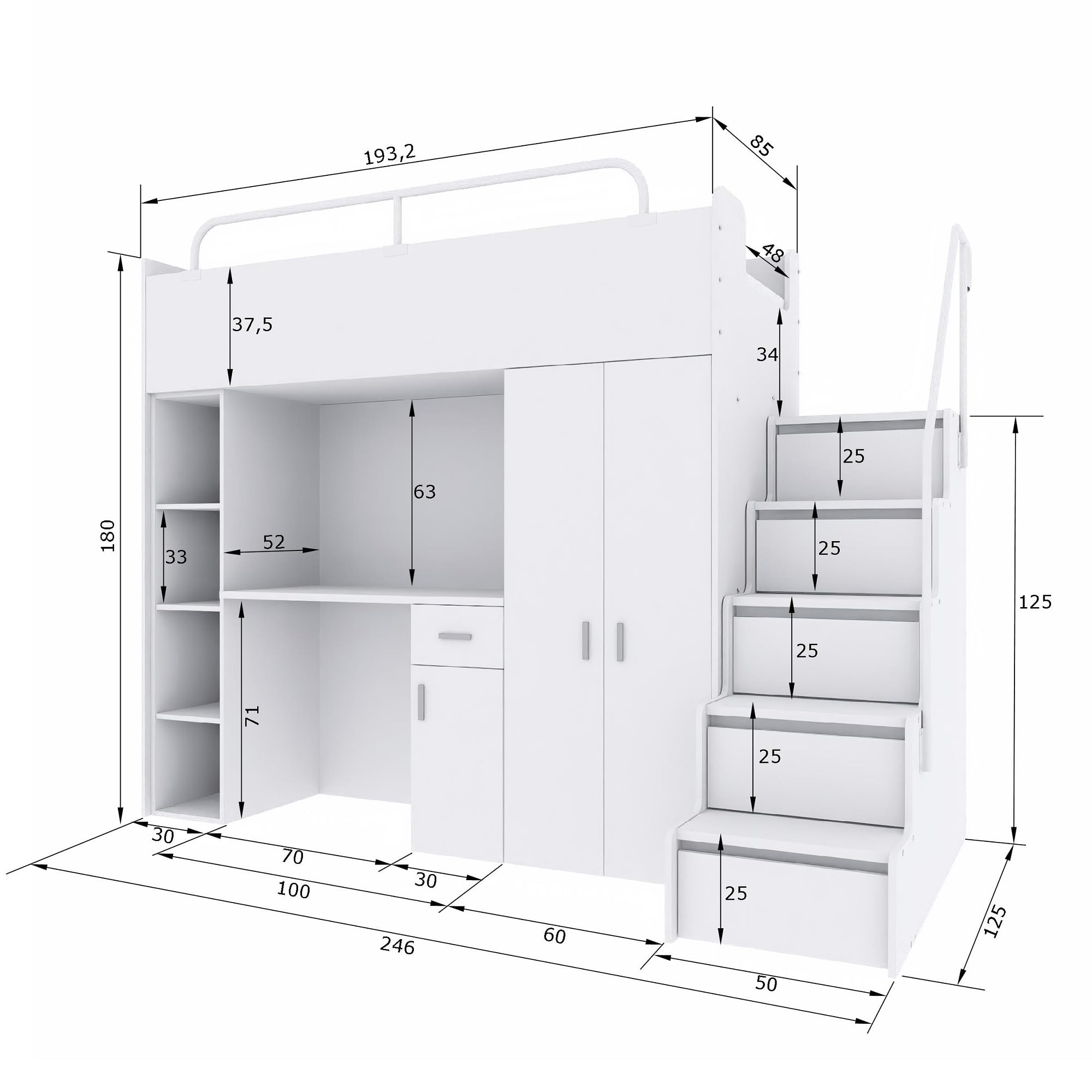 Hochbett JSM-4 80x190 mit Kleiderschrank Schreibtisch und Treppe Hochglanz Kinderbetten Funktionsbett Etagenbett Stockbett Kinderhochbett Jugendhochbett (Schwarz Glanz)