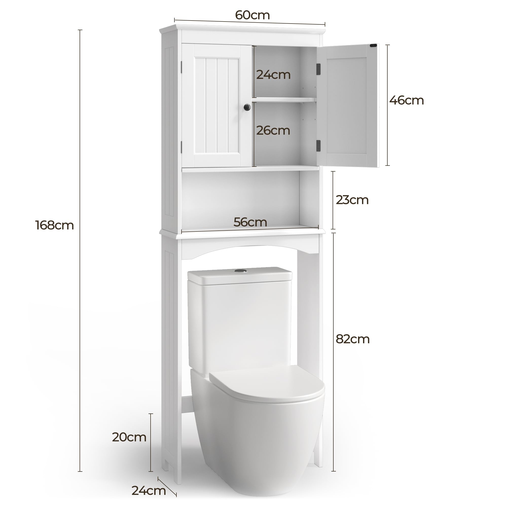 Armadio sopra WC per bagno, scaffale WC bianco con ripiani regolabili, mobile freestanding con ante, struttura robusta, 168 x 60 x 24 cm