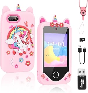 Weinsamkeit Pretend Smartphone for Children, Children's Camera with 32 GB SD Card, Toy from 3 4 Years Girls, Role Play Mobile Phone Children's Mobile Phone Unicorn Gift Toy for 3-9 Years Boys Girls