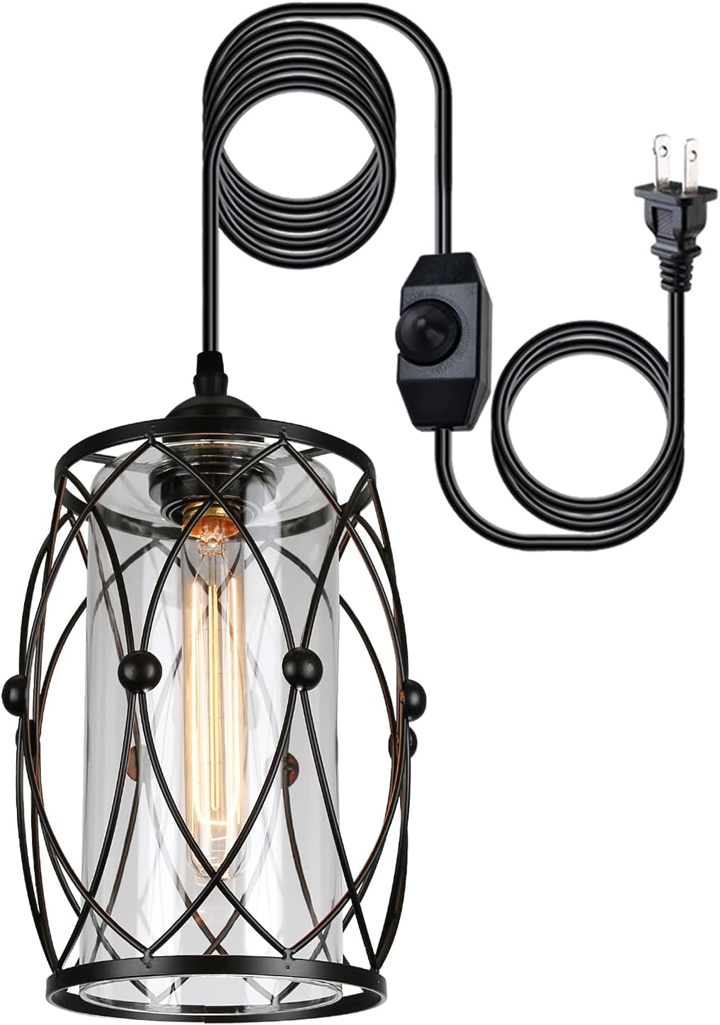 HMVPL Swag Plug-in Pendant Light with 16.4Ft Hanging Cord and On/Off Dimmer Switch,Original Industrial Cage and Glass Lampshade Design for Dining Room Bed Room Hallway