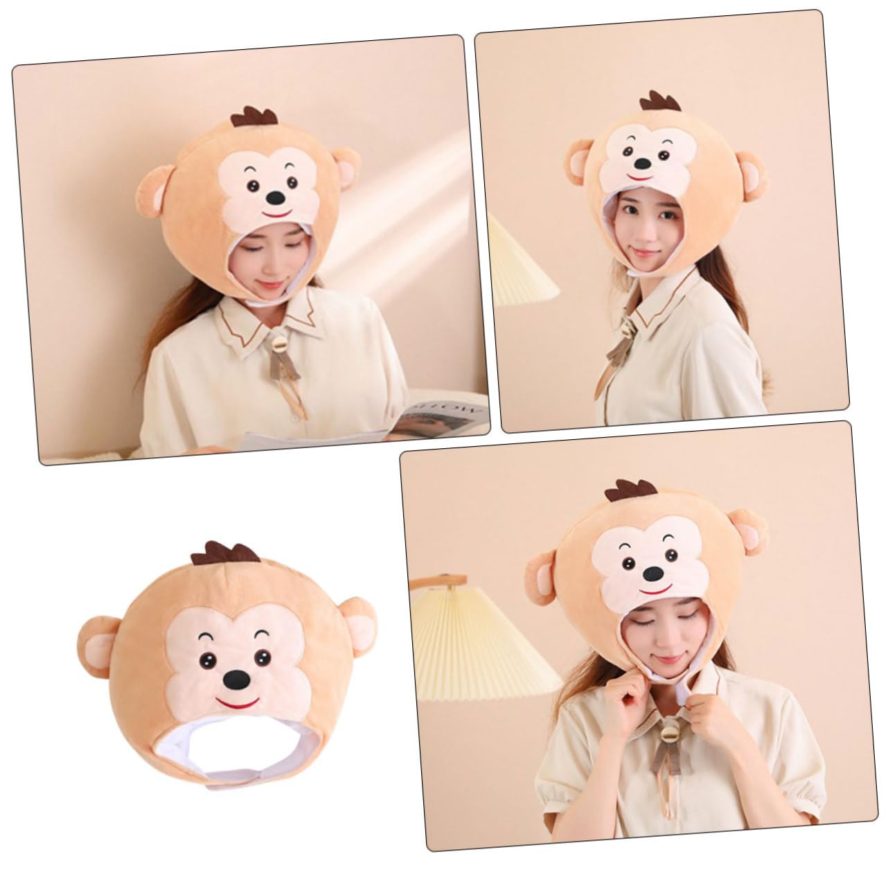 Cappello Peluche Scimmia da Cosplay, Accessorio Costume Leggero Beige