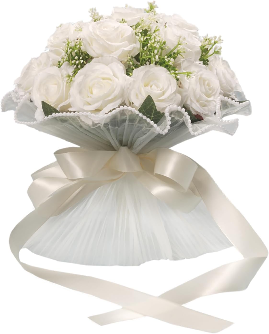 LEIFENY Wedding Bouquets for Bride, Ivory White Bridal Bridesmaid Wedding Flowers, Artificial Toss Rose with Silk Ribbon for Civil Ceremony