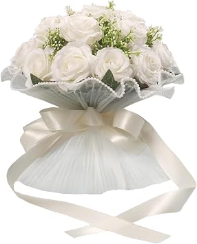LEIFENY Wedding Bouquets for Bride, Ivory White Bridal Bridesmaid Wedding Flowers, Artificial Toss Rose with Silk Ribbon for Civil Ceremony