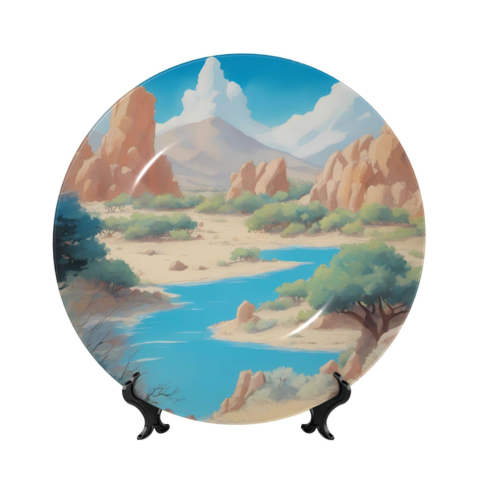 SXZVVBN oasis in the desert Bone China Decorative Plate Art with Stand Removable Adhesive Hanging for Home Office 7in