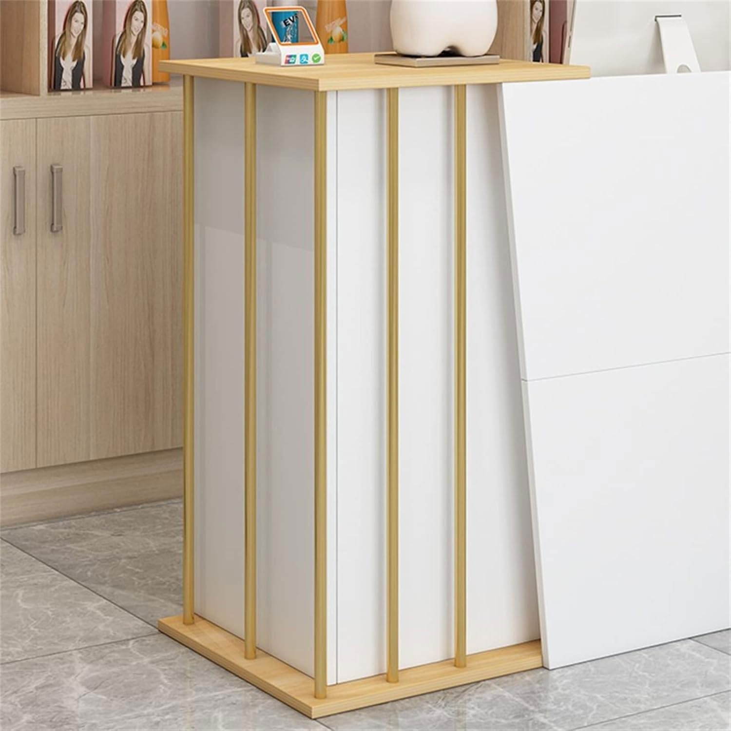 Empfangstheke, Ladentheke, Verkaufstheke, Empfangstheke mit abschließbaren Schubladen, Büro-Empfangstisch mit Regalen und 4 Stauräumen, Empfangstisch für Geschäft (Weiß, 120 * 90 * 35)