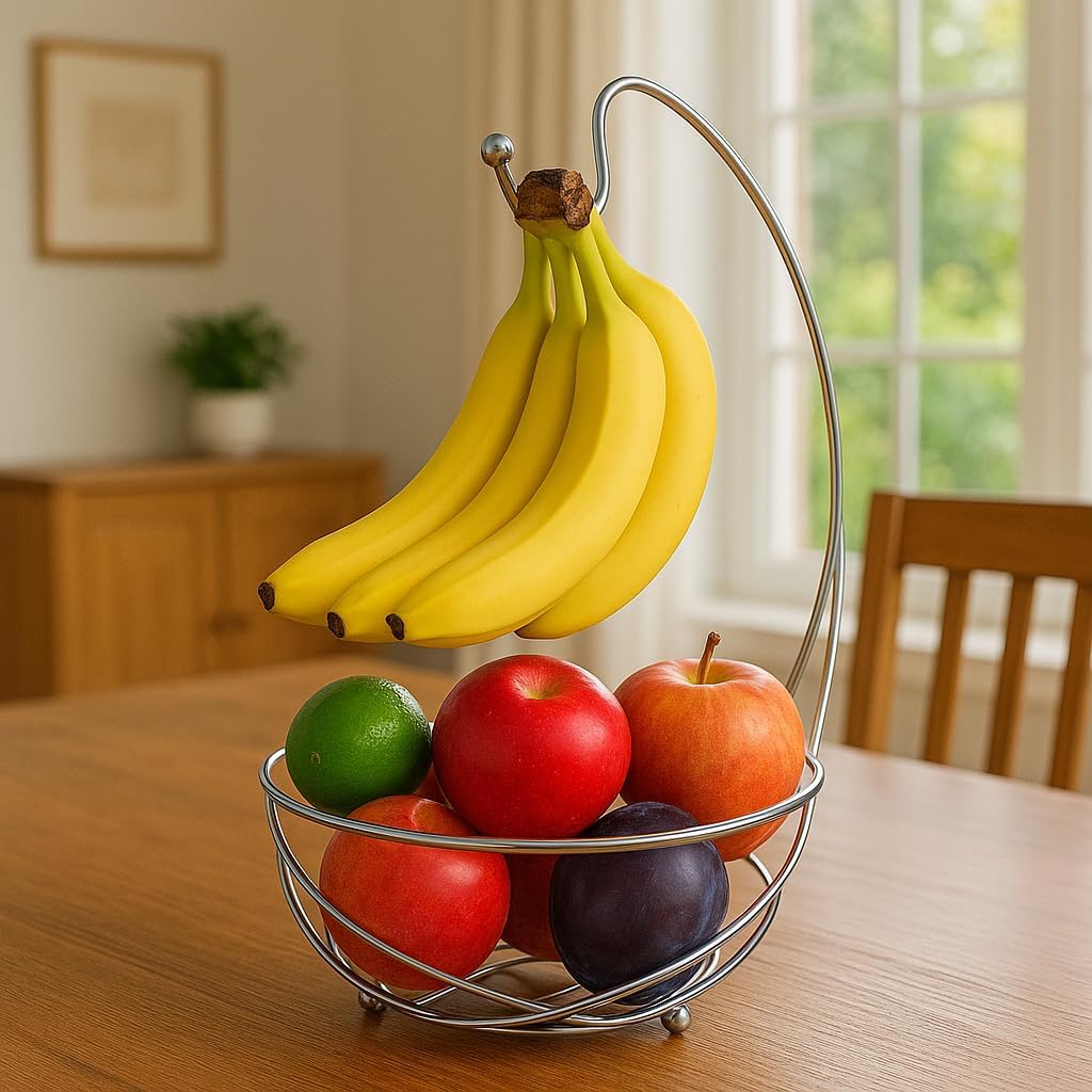 BNYD Chrome Fruit Bowl with Banana Holder – 14" Countertop Wire Basket with Banana Hook, Modern Fruit Basket with Banana Tree Hanger for Kitchen Table or Island Storage