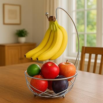 BNYD Chrome Fruit Bowl with Banana Holder 14 Countertop Wire Basket with Banana Hook, Modern Fruit Basket with Banana Tree Hanger for Kitchen Table or Island Storage
