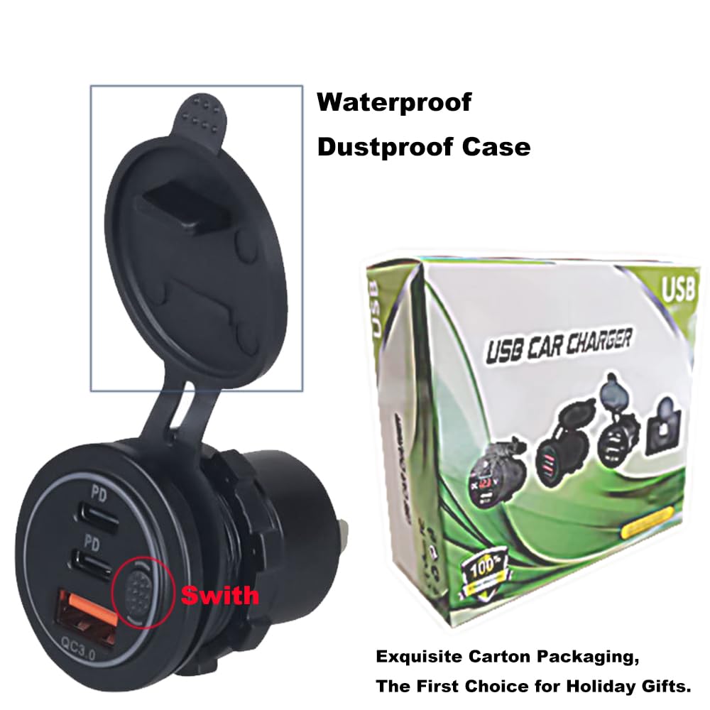 Cargador de coche USB de 3 puertos de 18 W con interruptor, 12 V-24 V QC 3.0 USB y doble PD USB C, cargador de carga rápida impermeable para coche, motocicleta, camión, barco marino (verde)