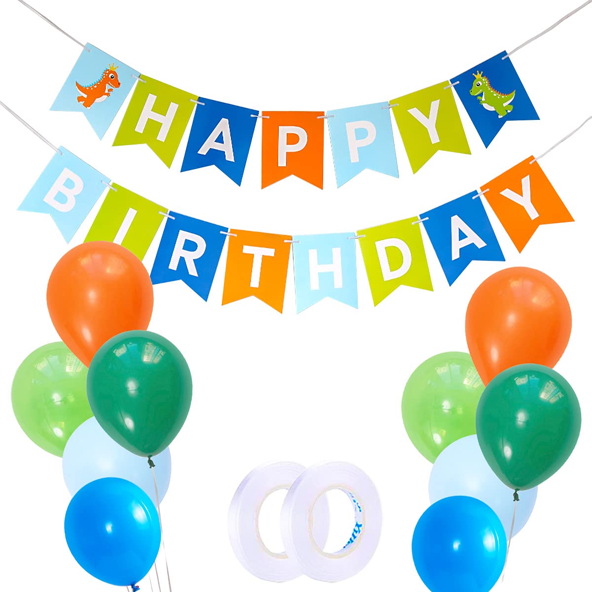 Dinosaur Happy Birthday Bunting Banner Balloons Girls Boys Kids Birthday Party Banner Decorations with 10 Pack Colourful Latex Balloons, Perfect for Indoor and outdoor Dino Birthday Party Supply