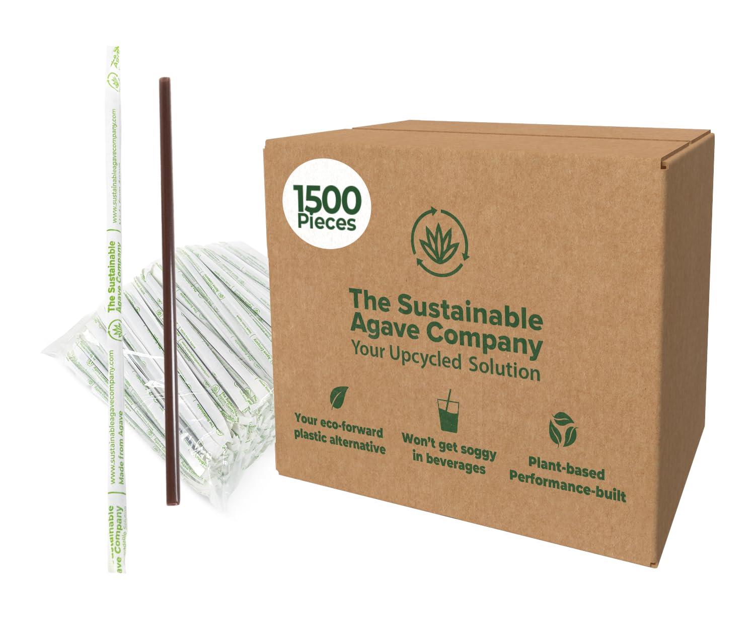 Sustainable Agave Co - Agave Fiber Invidivually Wrapped Drinking Straws - 1500 Count - Plant-Based, Made With Upcycled Materials, Reusable - Brown, Regular, 8"