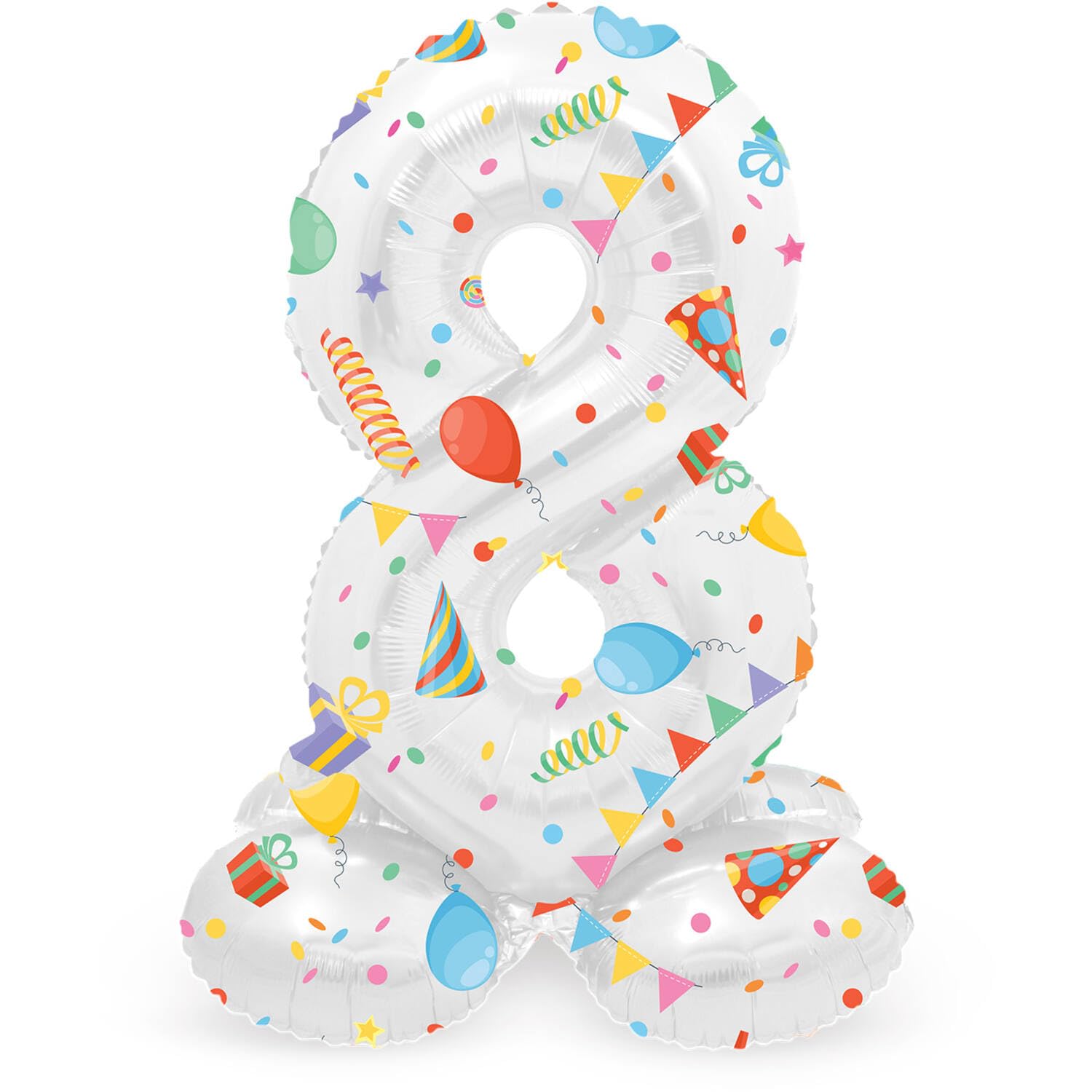 Folat 63968 Standing 8 Joyful Party White with Gifts 72 cm Birthday Decoration, Balloon Number, No Helium Required, Multicoloured, Standard Size