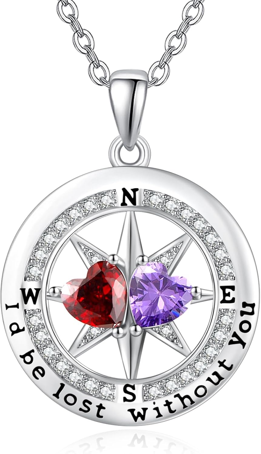 Compass Necklace for Women, Exquisite S925 Valentines Day Anniversary Birthday Gifts for Wife Her Double Birthstone Pendant Jewelry ‘I'd be Lost Without You’