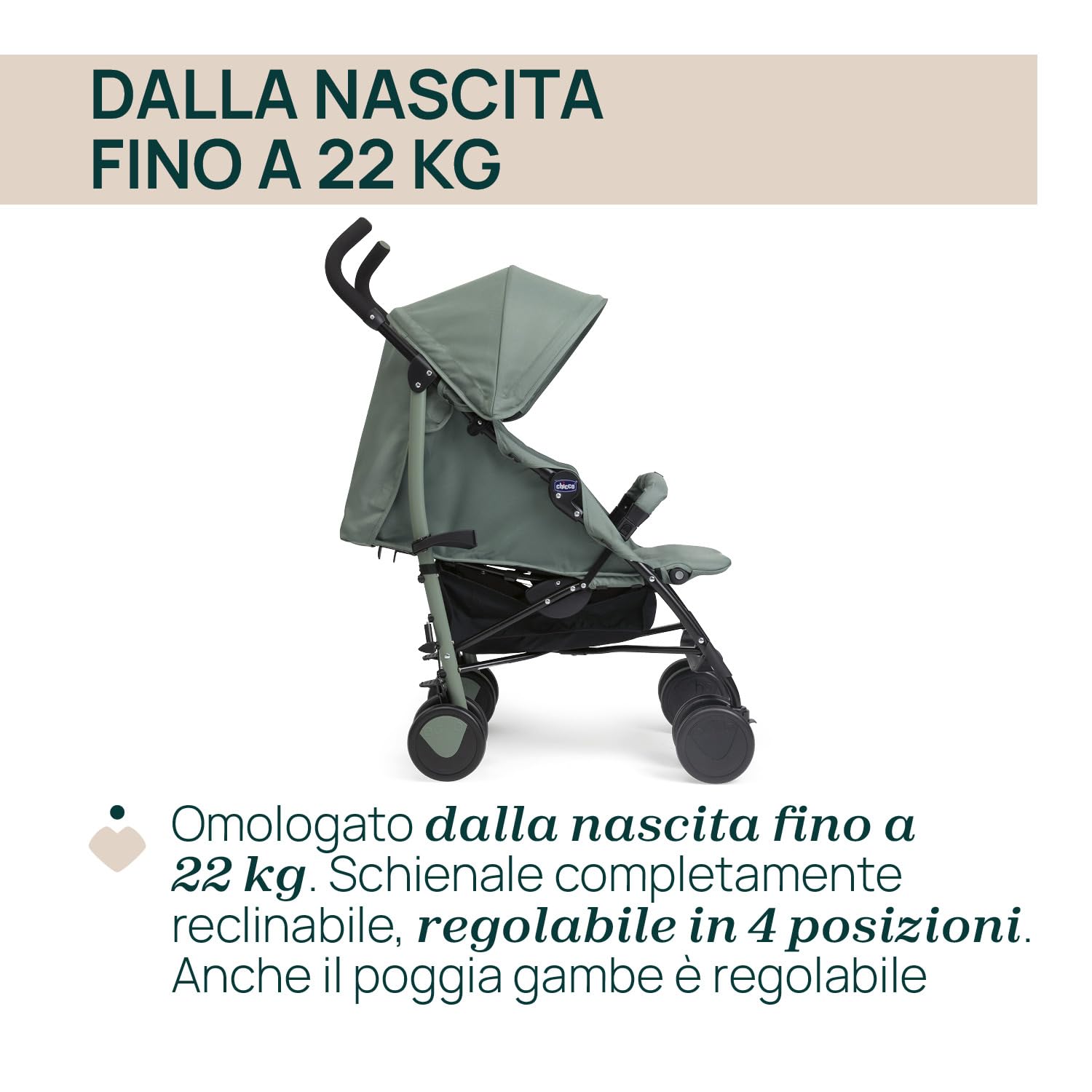 Chicco Echo Lite Passeggino Leggero da 0 Mesi a 22 kg, Schienale Reclinabile in 4 Posizioni, Seduta Spaziosa, Manicotto Paracolpi, Chiusura a Ombrello, Freni Gemellati e Ruote Anteriori Girevoli