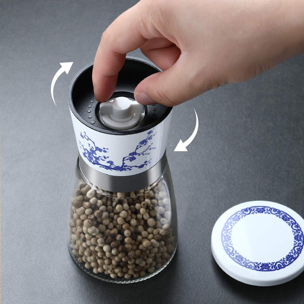 RWRAPS Set macina Sale e Pepe, Confezione da 2 Set macina Sale e Pepe in Porcellana Blu e Bianca e contenitori per Sale e Pepe in Vetro con grossolanità in Ceramica Regolabile per Cucinare