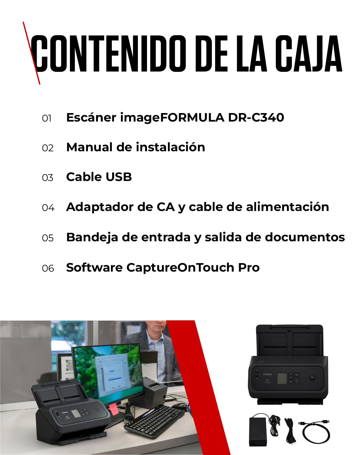 Canon imageFORMULA DR-C340 Escáner de Documentos A4 | Diseño Ultracompacto y Procesamiento Avanzado de Imagen para Oficina | Alimentador de 100 Hojas | con Canon CaptureOnTouch Pro