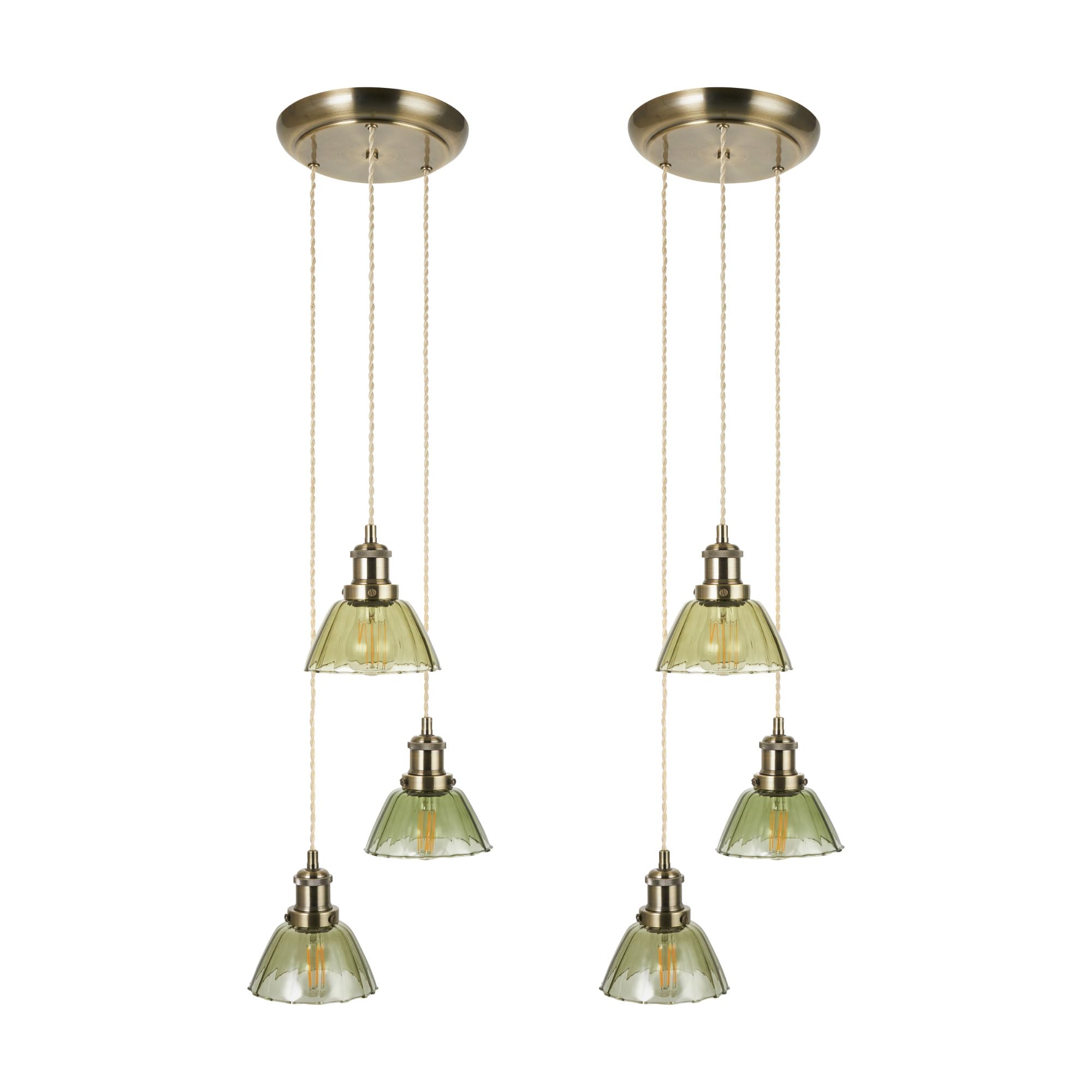 firstchoicelighting Set of 2 Antique Brass Ceiling Pendant Lights, Green Glass Shades, 3 Way Cluster Vintage Design, Height Adjustable