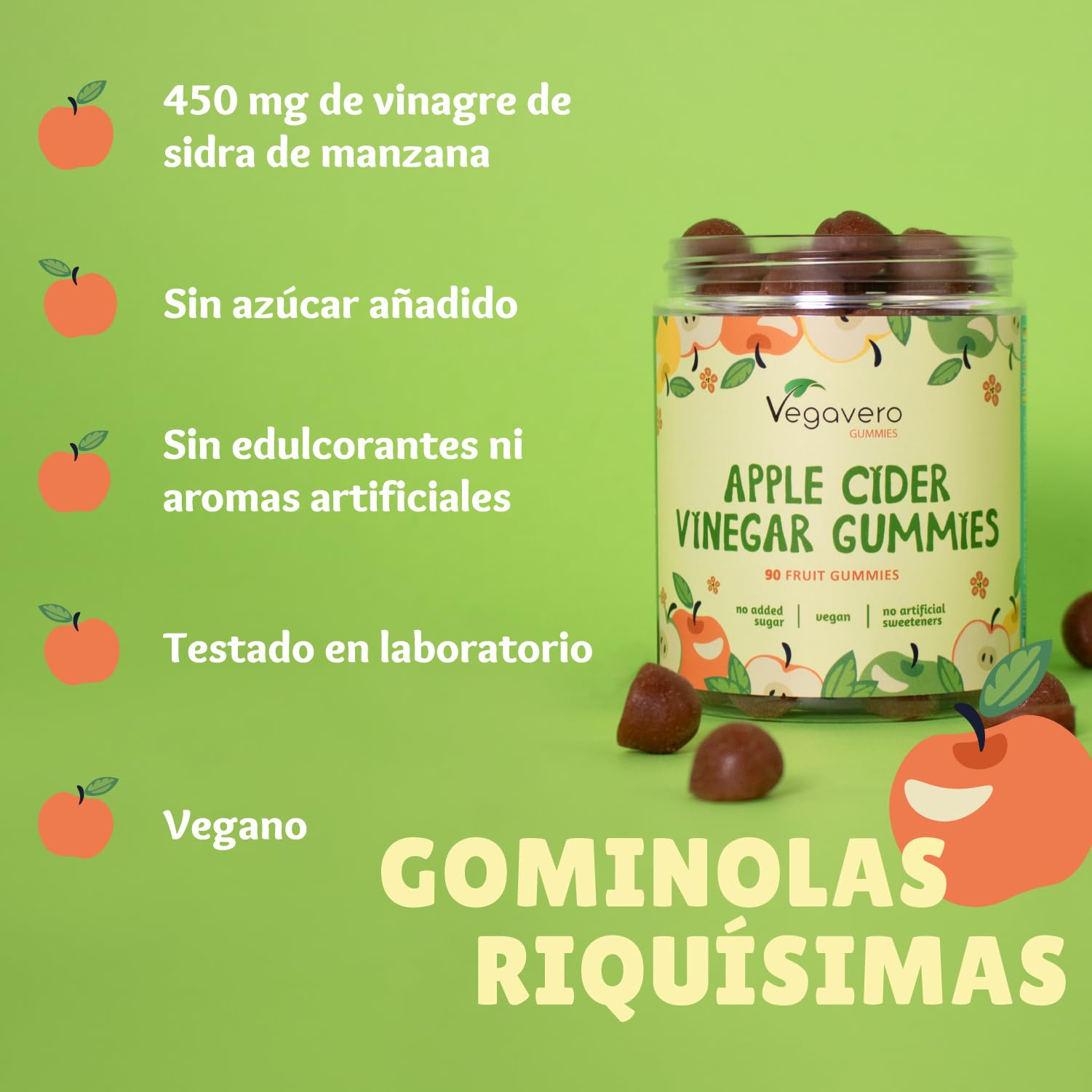 Vegavero Gominolas Vinagre de Sidra de Manzana 450mg Keto ACV Gummies Sin Azúcar Vegano