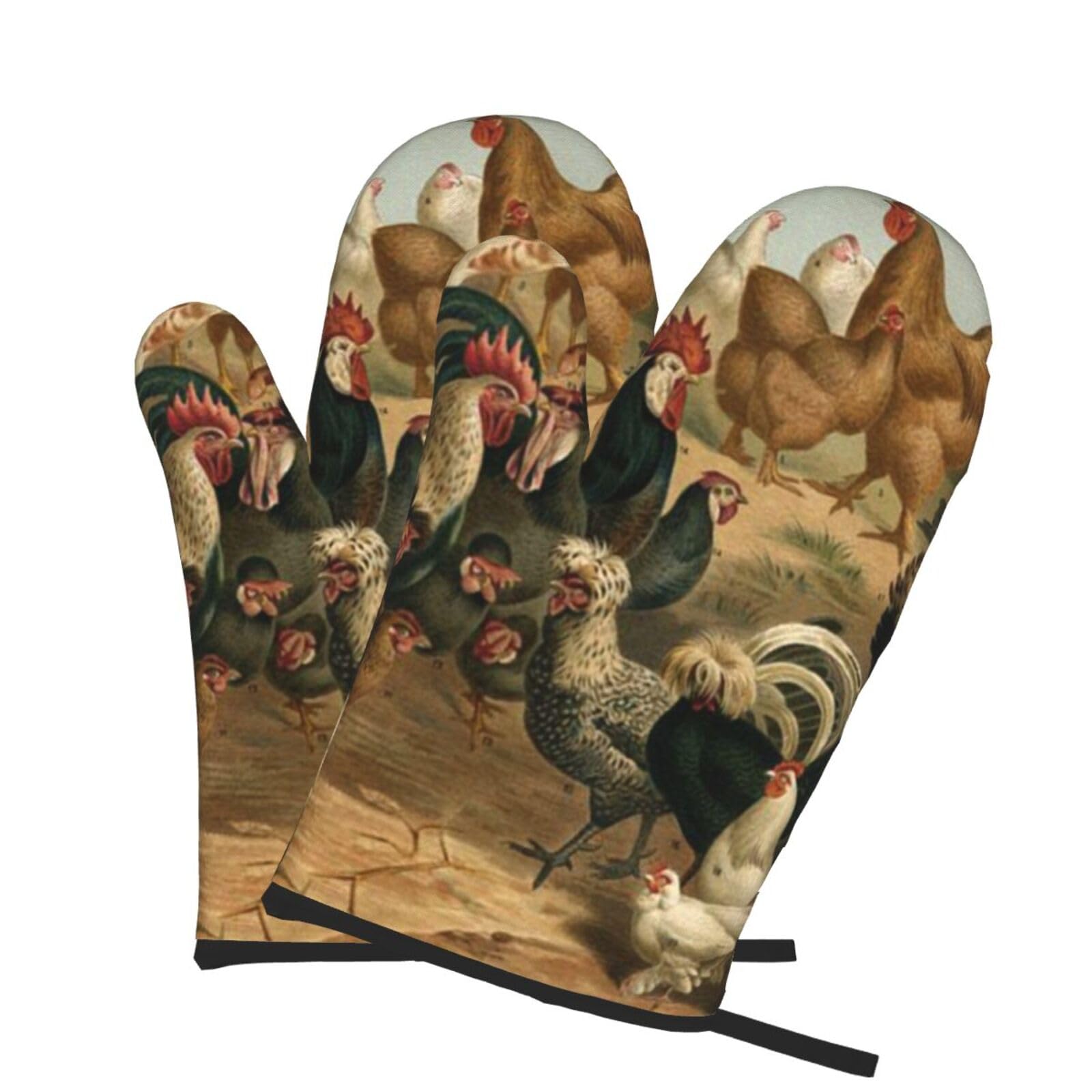 Oven Mitts Set of 2 Pcs, Chicken And Rooster Print Prints Heat Resistant Kitchen Gloves for Cooking Baking Grilling