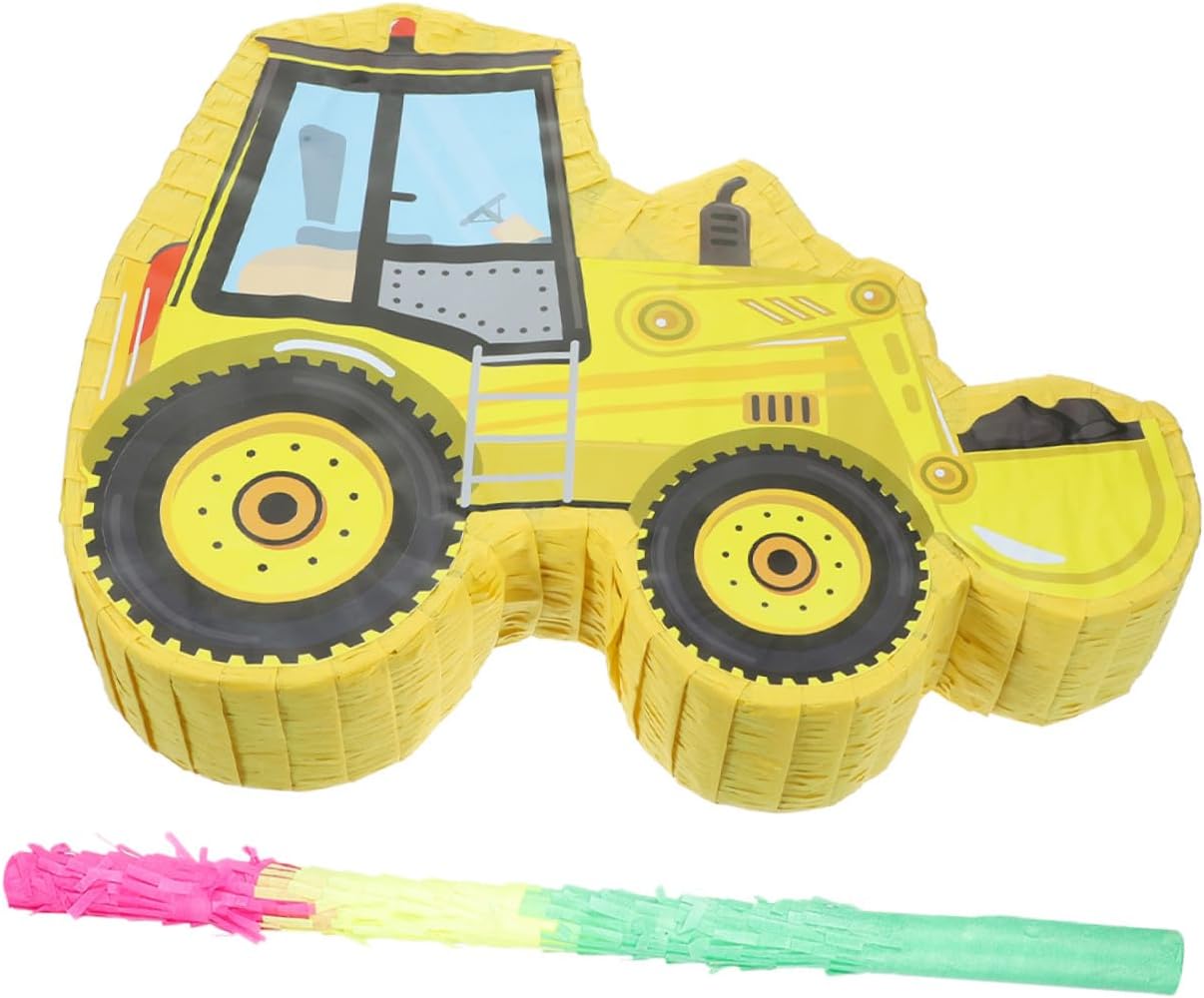Excavator Pinata with Bat for Birthday Fiesta Party Supplies Construction Truck Theme Yellow Pinata for Hanging Decoration and Candy Filling for Birthday and Celebration Games