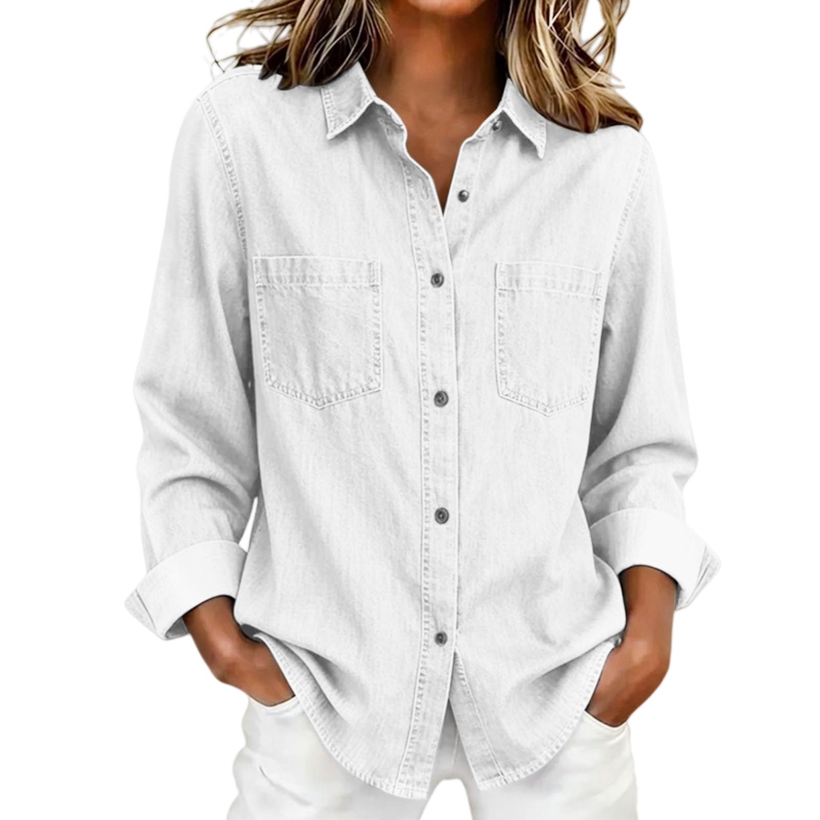 Camicia in jeans da donna, oversize, a maniche lunghe, con bottoni, con due tasche sul petto | Morbido denim con vestibilità oversize, abbottonatura continua e due tasche sul petto per una comoda stratificazione