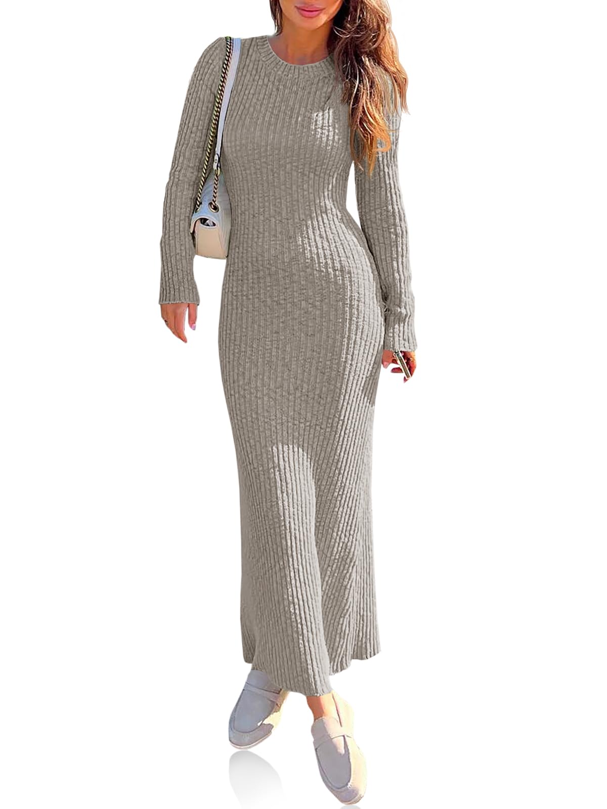 Wenrine Robe longue en tricot côtelé à manches longues pour femme - Col rond - Coupe ajustée - Robe longue décontractée pour l'automne