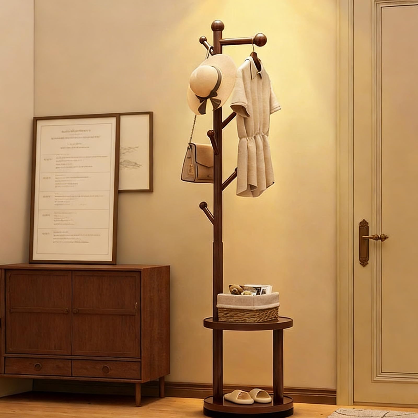 Js Space Walnut-A Solid Wood Rotary Coat Rack Wooden Freestanding Coat Tree With 2 Shelves And 8 Hooks,Clothes Hanger Stand For Bedroom, Entryway, Livingroom