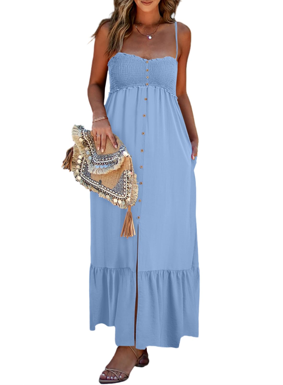 Dokotoo Summer Dresses 2024 Sleeveless with Button Spaghetti Straps and Pockets for Women