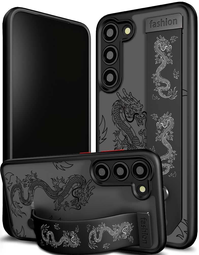 Cisland Cute A24 5g Case with Strap Stand Finger Kickstand, Cute Case for Women Girly Designer for Girls Aesthetic Cool Silicone Compatible with Samsung Galaxy A24 5g Dragon Cool Black