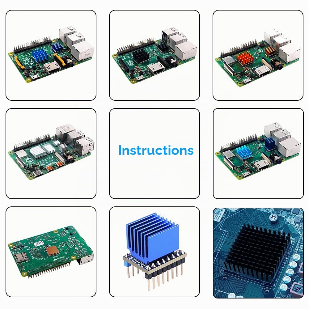 GeeekPi 102 pièces (12 Tailles différentes) Kit de dissipateur Thermique avec Ruban adhésif conducteur, Refroidisseur de dissipateur en Aluminium et dissipateur cuivre pour Raspberry Pi A B B + 2/3/4