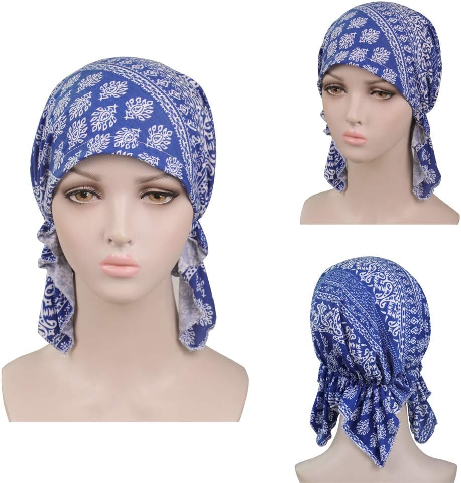 Pre Tied Chemo Head Scarf 3 Packed Beanie Skull Cover Cap for Women (Set6-Long Style) - Image 3