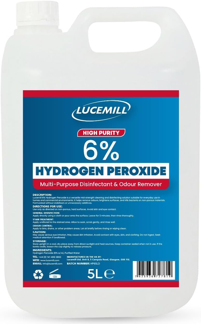 Hydrogen Peroxide 6% Food Grade I 5 Litre I Liquid Hydrogen Peroxide Food Grade I Unstabilised I Eco Friendly I Additive Free