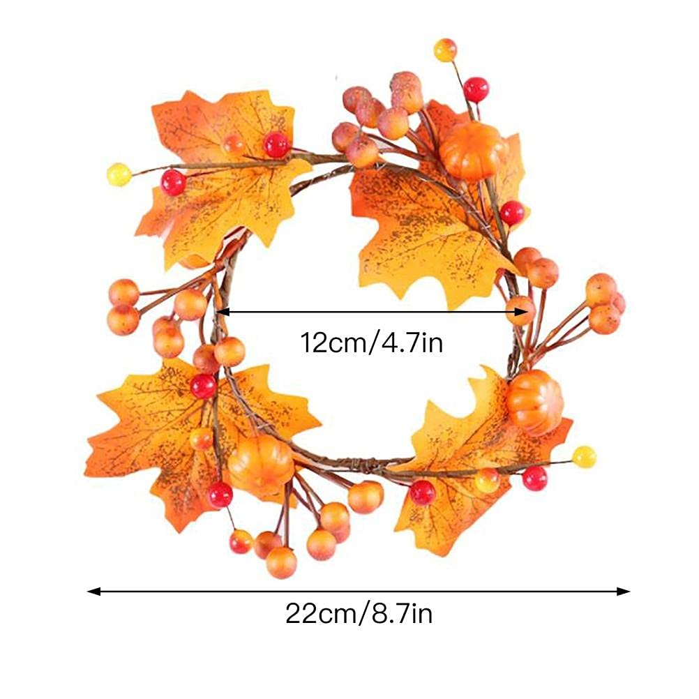 ZHDOKA Artificial Maple Leaf Pumpkin Mini Wreath, Thanksgiving Small Fake Berries Candle Holder Ring Autumn Harvest Candle Garland for Halloween Wedding Party Table Decor(#1)