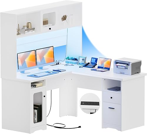 Miniatura 15 de Unikito Escritorio de oficina en forma de L con cajones y gabinete, escritorio grande para computadora con toma de corriente y tira LED, escritorio