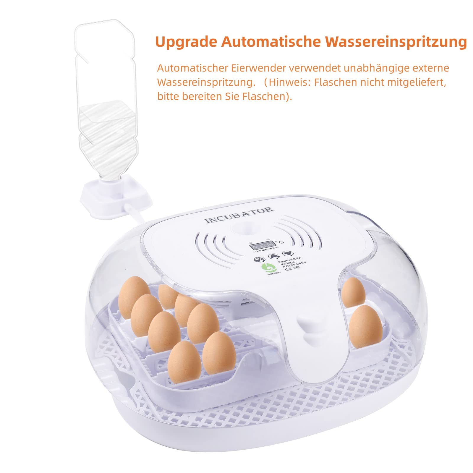 16 eieren, broedmachine, 40 graden Celsius, volautomatisch, voor kippen, eenden en vogels, 30 W, automatische watertoevoer