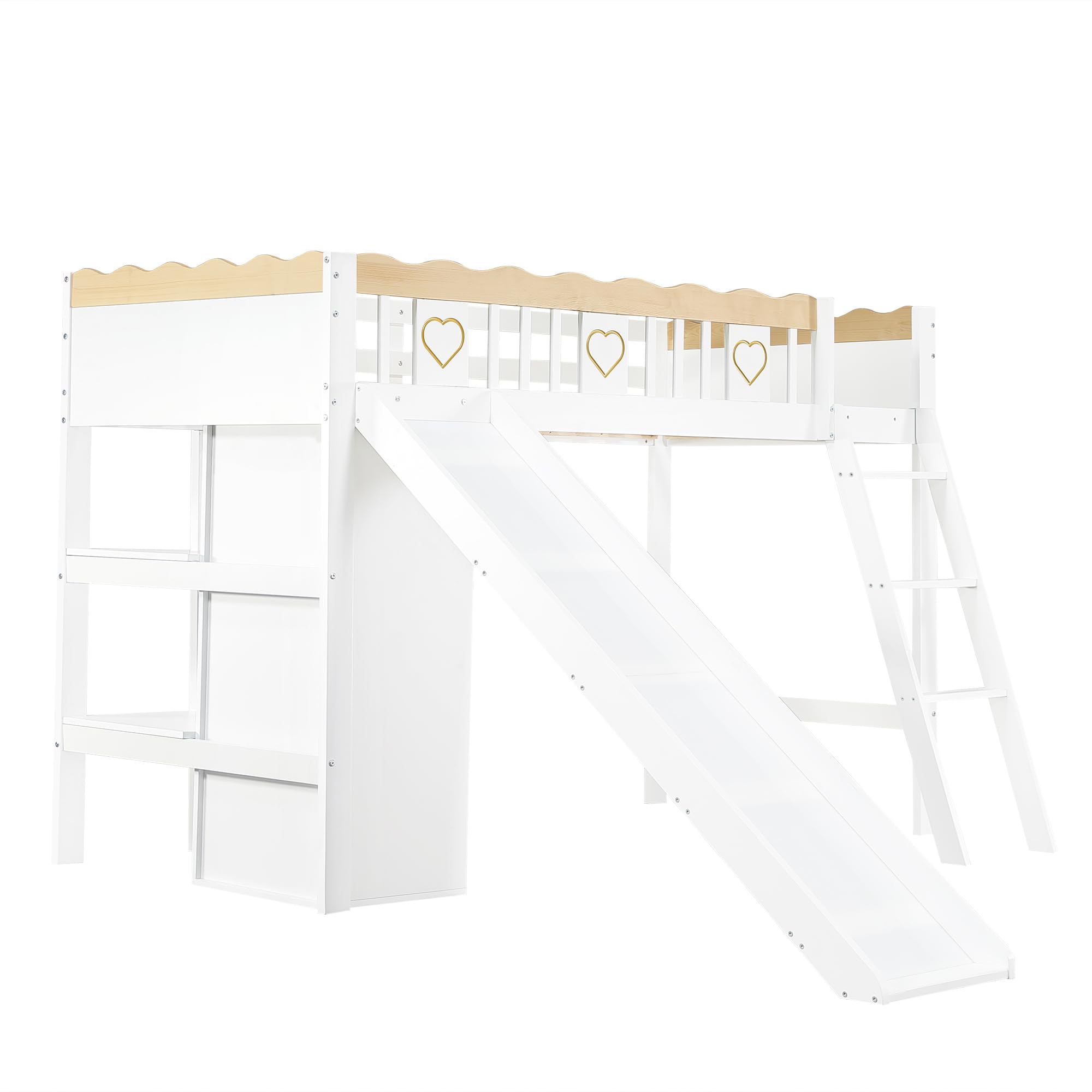 Azkoeesy Letto a Soppalco per Bambini con Scivolo, Scala Inclinata, Armadio, Mensole Librarie Integrate, Parapetto di Sicurezza Ondulato, in Pino Massiccio, Bianco, 90x200 cm