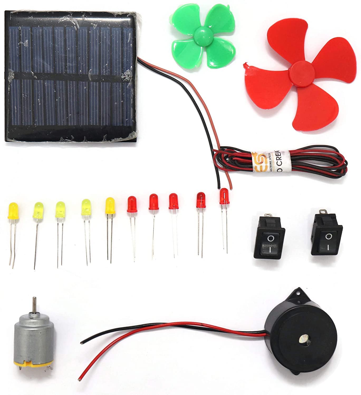 Electronic Spices (18 pcs) Electronic Projects Starter Learning Kit for little engineers In one Box, Solar Power Project include 6v solar, fan, wire buzzer, switch and motor