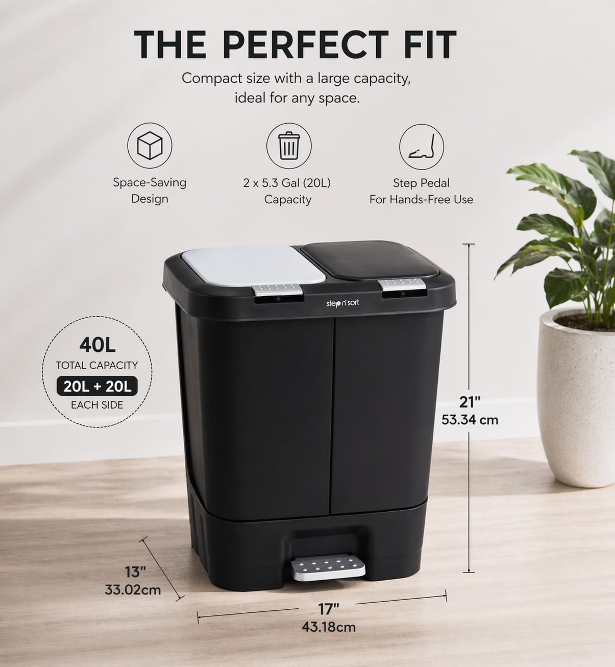 step n' sort 2 x 5.5 gallon, dual trash and recycling bin with slow close lid,black,40 liter,sns402-b