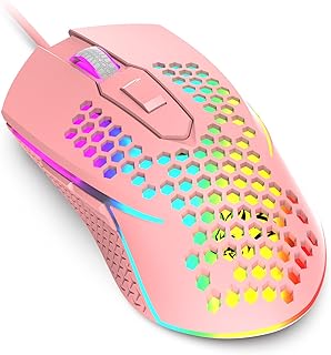 Wired USB Gaming Mouse 65G Honeycomb Shell Mini Ultra-Lightweight Gaming Mice 3200DPI 6 Button 7 Colors Chroma Breathing LED Backlight Gaming Mice Compatible with PC/Mac Office and Games-Pink