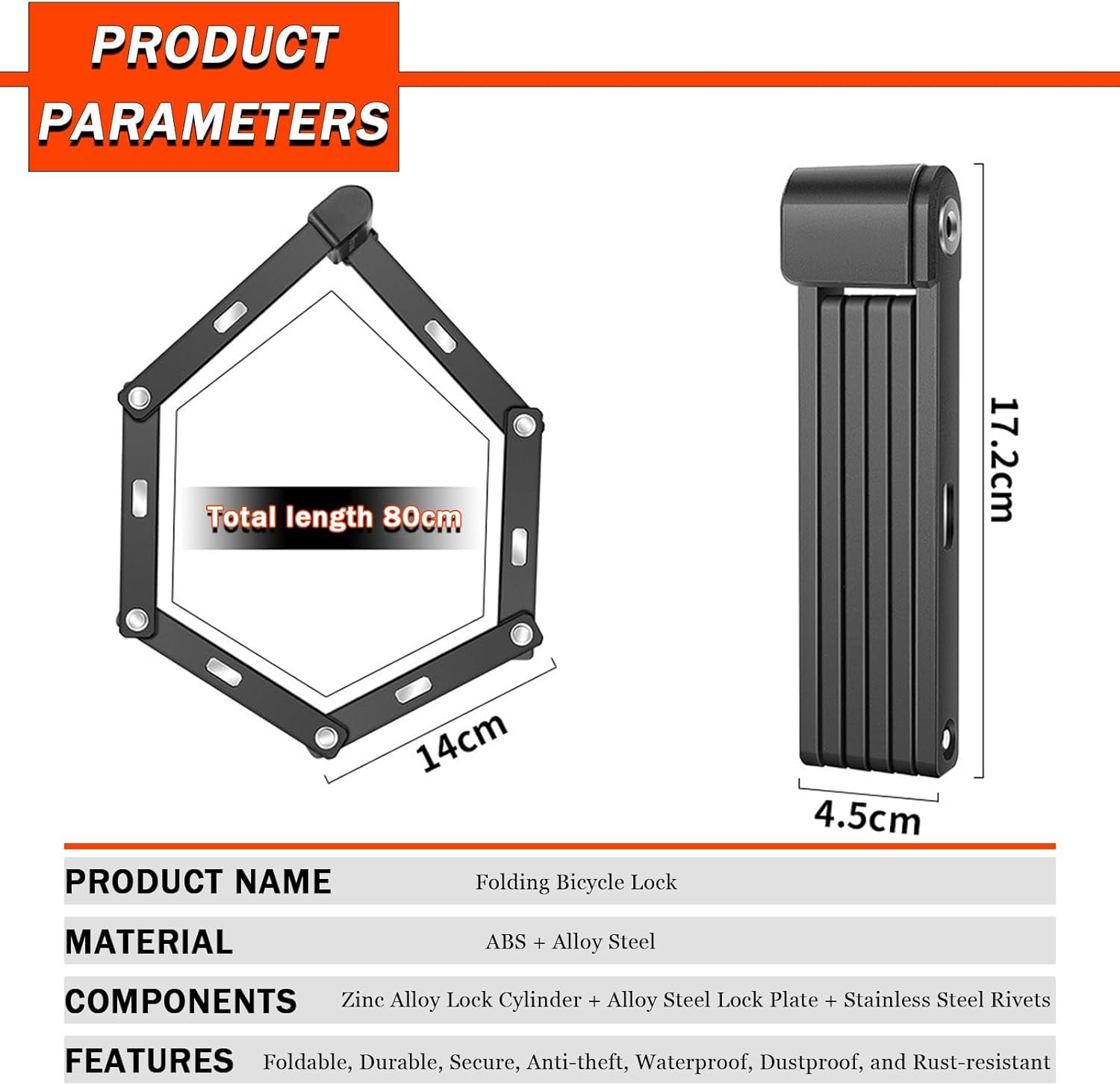 Lucchetto Pieghevole Bici per Giant TCR SL TCR SLR TCX TCX Advanced TCX Advanced PRO, Lucchetto Antifurto Bici Portatile Durevole Lucchetto Bici,Orange