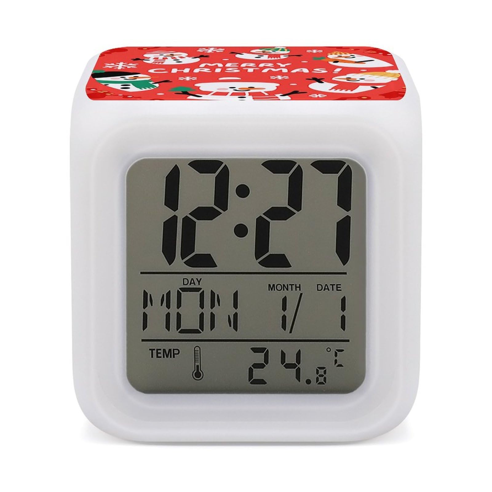 FodPand 7 Color Ambient Night Light Cube Battery Operated Xmas Snowman Digital Clock with Snooze Temperature LED Digital Alarm Clocks Dimmable Wake Up Light Portable Mood Lamp for Bedroom Desk Gift