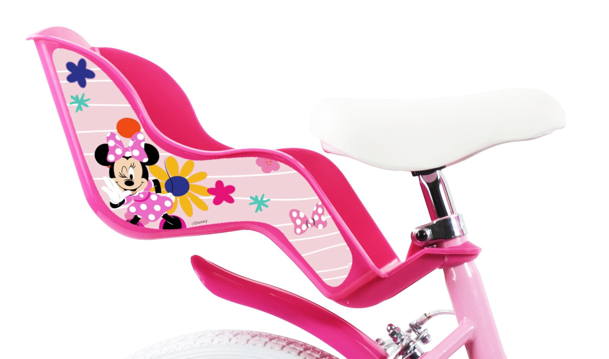 Vélo 14'' Fille Licence Minnie de Disney - 2 Freins Caliper - Pneus Gonflables - Panier Avant - Porte-poupée arrière - Garde-Boue et 2 Stabilisateurs, Rose