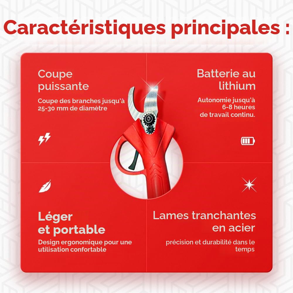 Sécateurs électriques avec 2 batteries de 48V et mallette, cisailles portables professionnelles – Découpe précise et assistance batterie immédiate (Rouge)