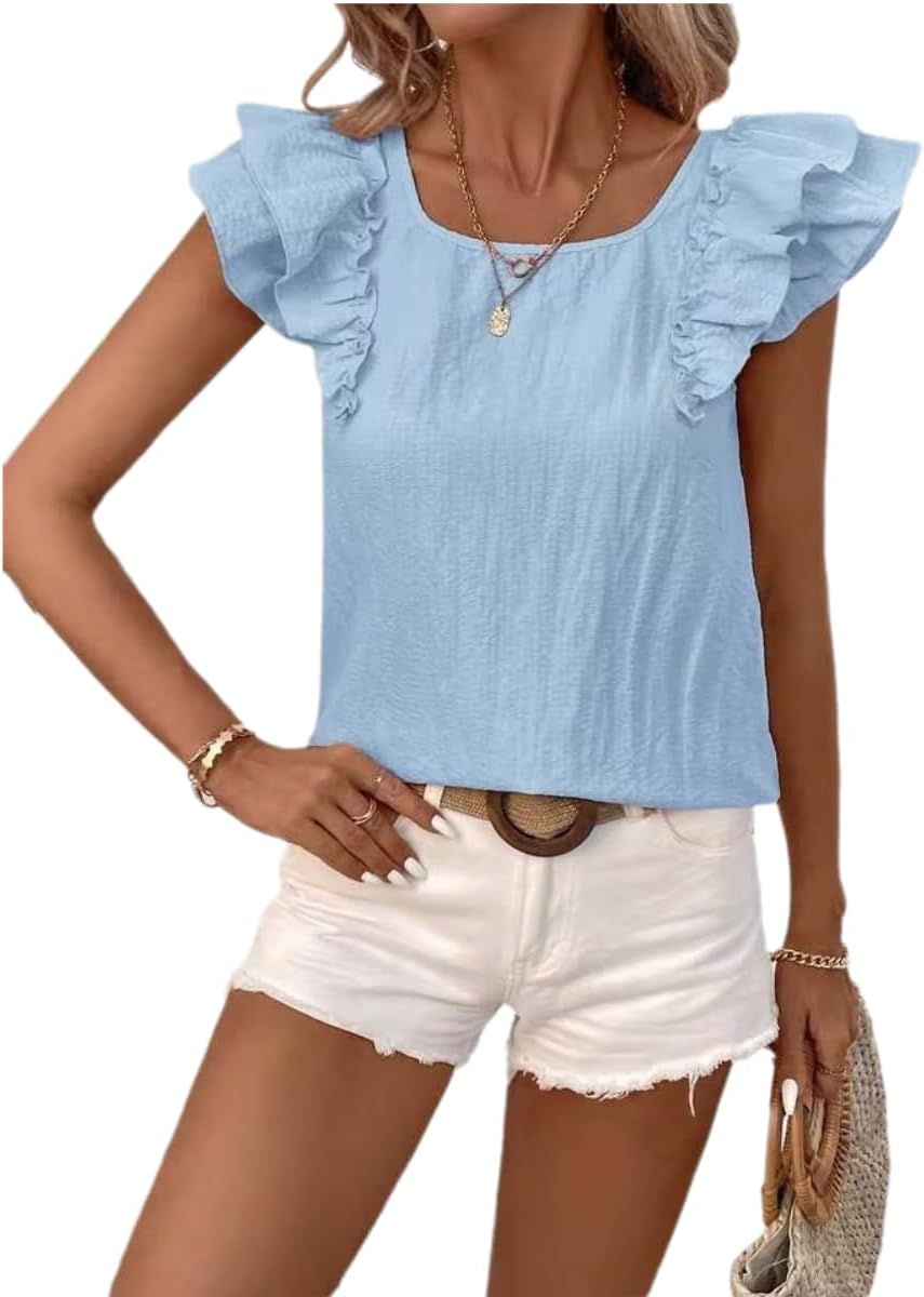 Chvity Short Sleeve Bow Shirts for Women Elegant Square Neck Double Layer Ruffle Sleeve Ladies Tops and Blouses Sky Blue - Image 4