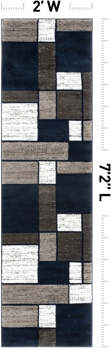 Rugshop Modern Geometric Boxes Navy Area Rug, Carpet with Jute Backing for Hallway, Entryway, or Laundry Room, 2' x 7'2"