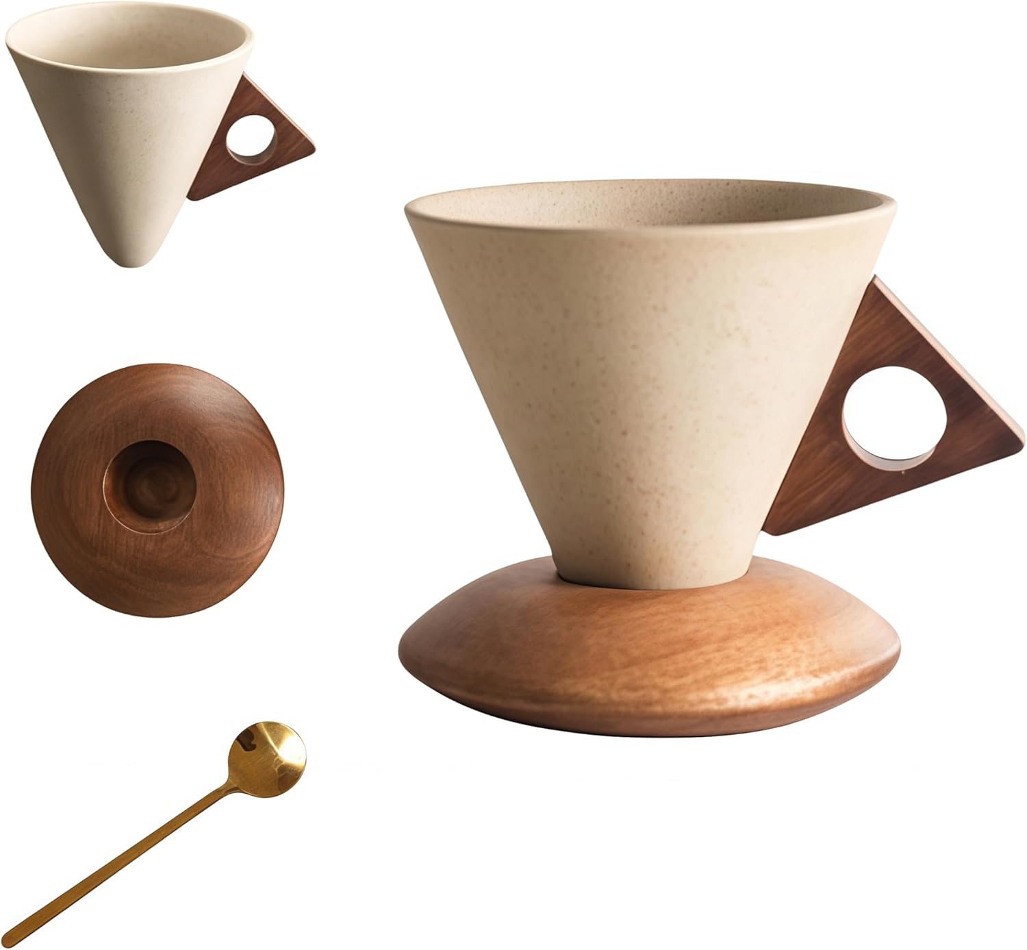250ML- Retro ceramic coffee mug, Creative Cone coffee cup set for women elegant small- Solid wood handle and coaster - Suitable for home, restaurant, party and office use. (light brown handle)