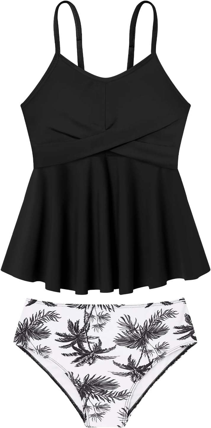 Girls Swimsuit 2 Piece Criss Cross Tankini Sets Ruffle Bathing Suit with Adjustable Strap Girls' Swimwear 6-14Y